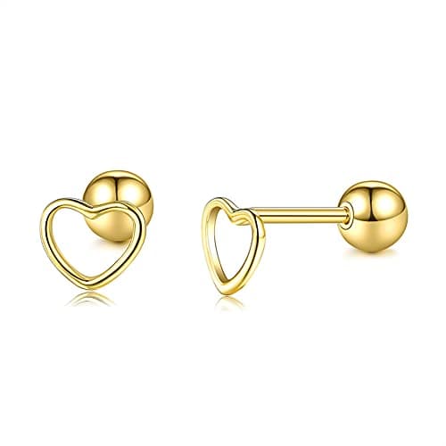 Minimalist Hollow Heart Shape Tiny Stud Earrings Sterling Silver Cartilage Tragus Screwback Studs Earring Helix Barbell Piercing for Women Jewelry Gifts for Her Daughter Xmas 20G (Gold)