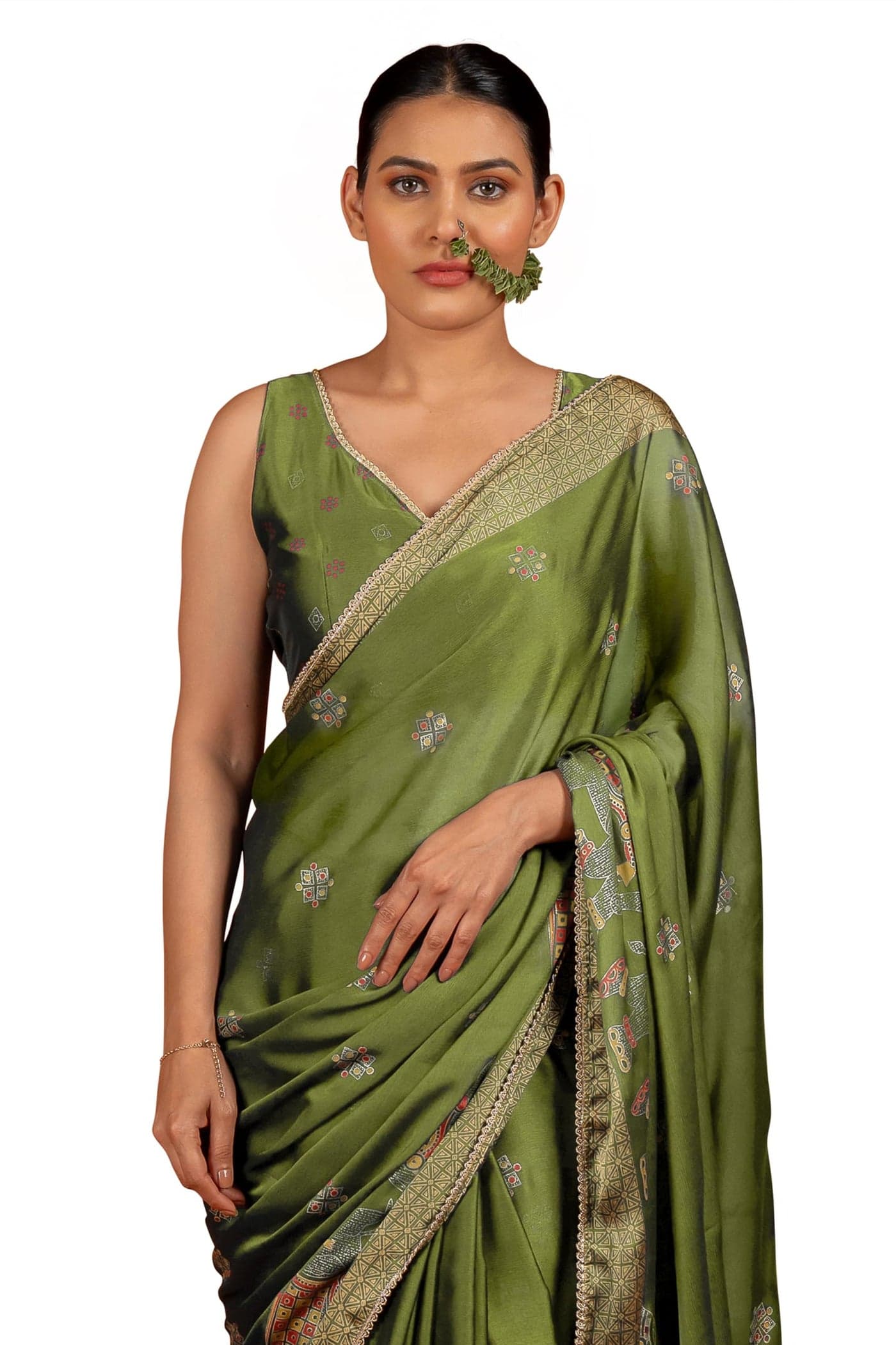 MIRCHI FASHION Women's Chiffon Foil Work Animal Printed Saree with Blouse Piece (44453 - Olive Green, Multicolor)
