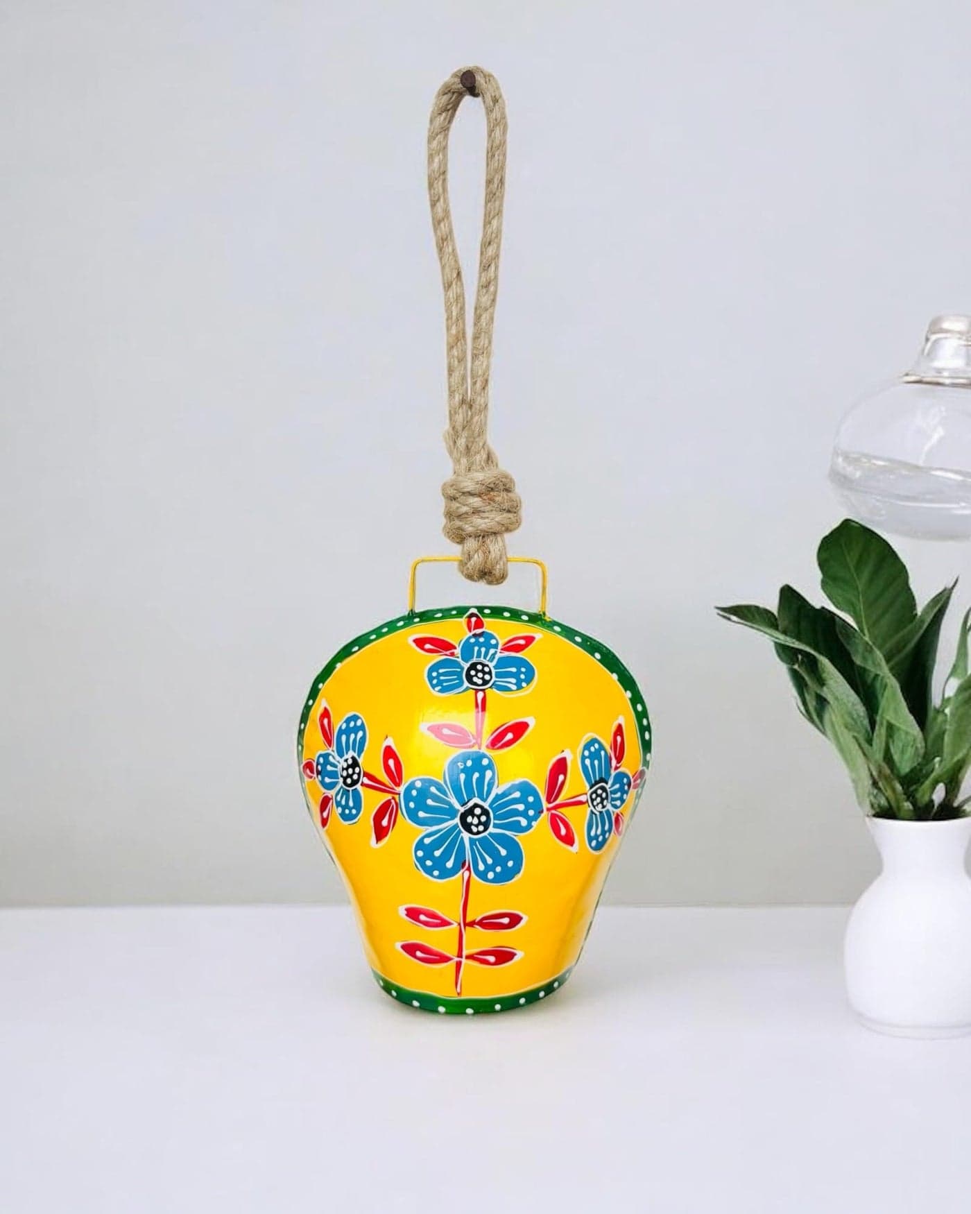 WARMINGO DE Iron Yellow Handpainted Decoration Cow Bell For Home | Feng Shui Vastu Bell For Main Door Entrance Living Room Or Garden | Bell For Good Luck & Prosperity | Gift Item Gifting