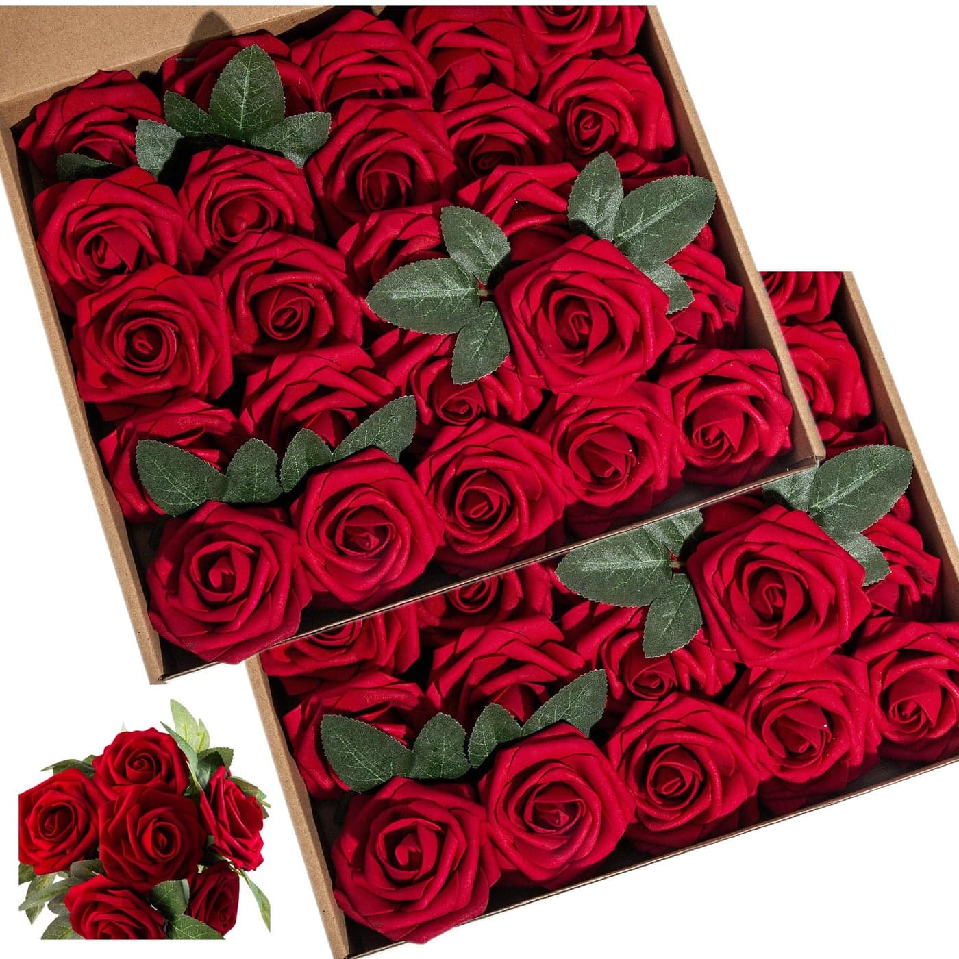 Lansdowns Artificial Flower Foam Hot Pink Rose 50pcs Real Looking Fake Rose with Stems Leaves for Home Decoration Party Garden Centerpieces DIY Wedding BouquetsHot Pink