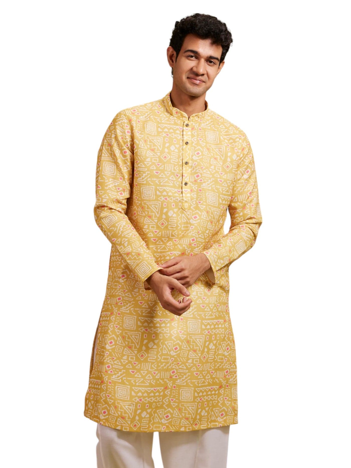DIWAS BY MANYAVAR Men's Cotton Blend Printed Kurta (Yellow,XXL)