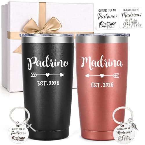 LiqCool Godparents Proposal Gift, Padrino y Madrina Godmother & Godfather 20oz Insulated Tumbler Set with Keychain & Card, Will You be My Godparents Gift from Godchild for Baptism(Black & Rose Gold)
