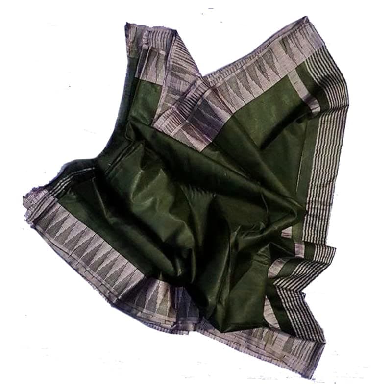 SheenKraft Women's Kota Silk Temple Border Bhagalpuri Handloom Saree With Striped Blouse Piece_Free Size_Color Variation 11640_Fern Green-Natural