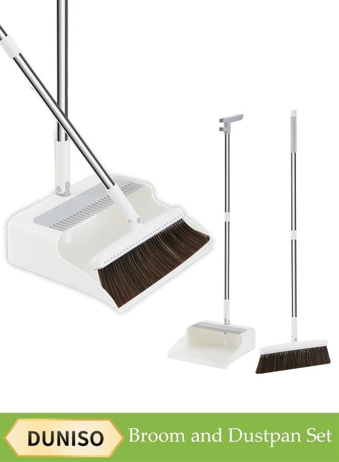 Broom and Dustpan Set,With Scraping Teeth,Multifunctional Floor Cleaning Tools,Foldable, Suitable for Home and Office Cleaning,White