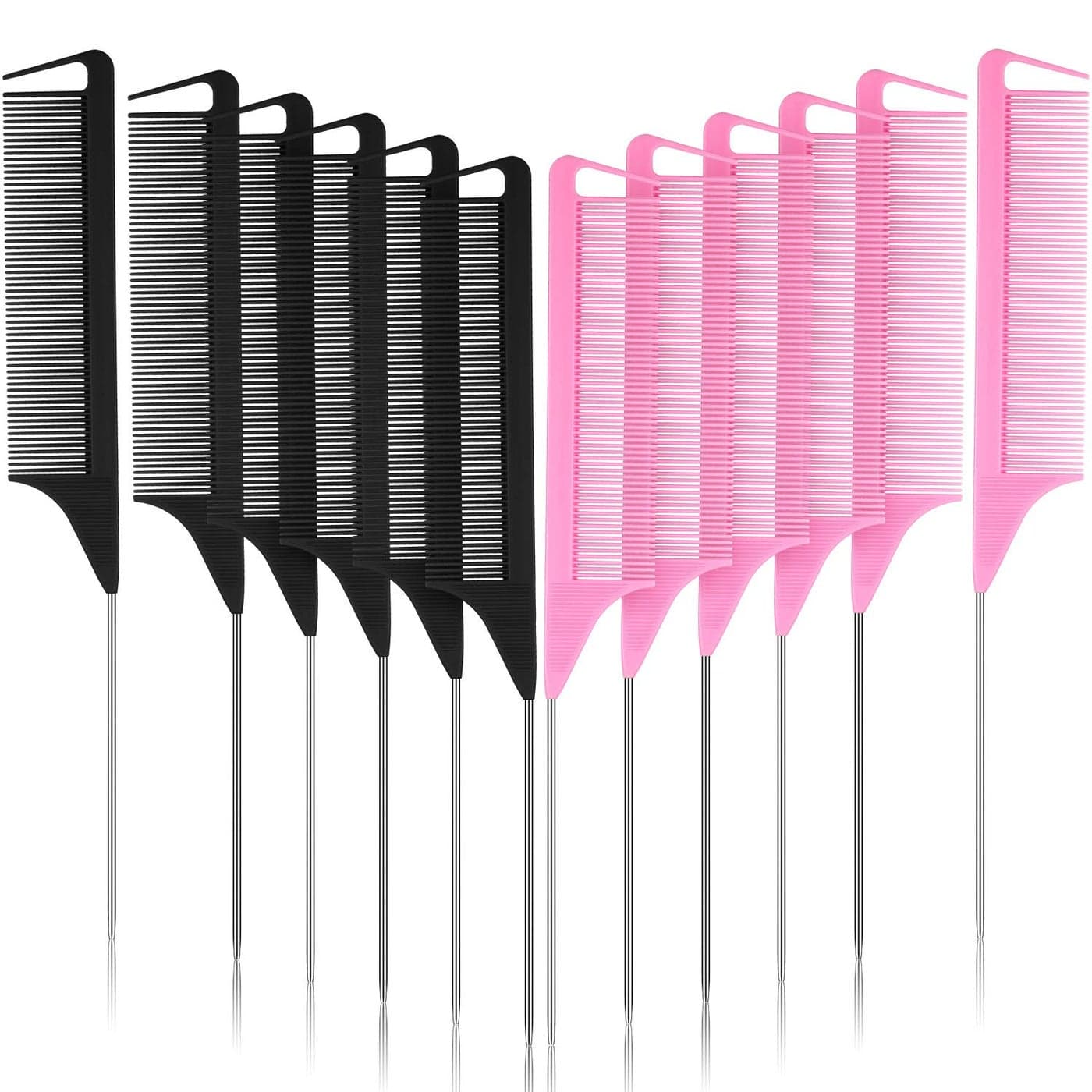 Patelai 12 Pcs Stainless Steel Pintail Combs for Hair Styling Teasing Braiding Pressing Hairdressing Salon and Home Pink Black