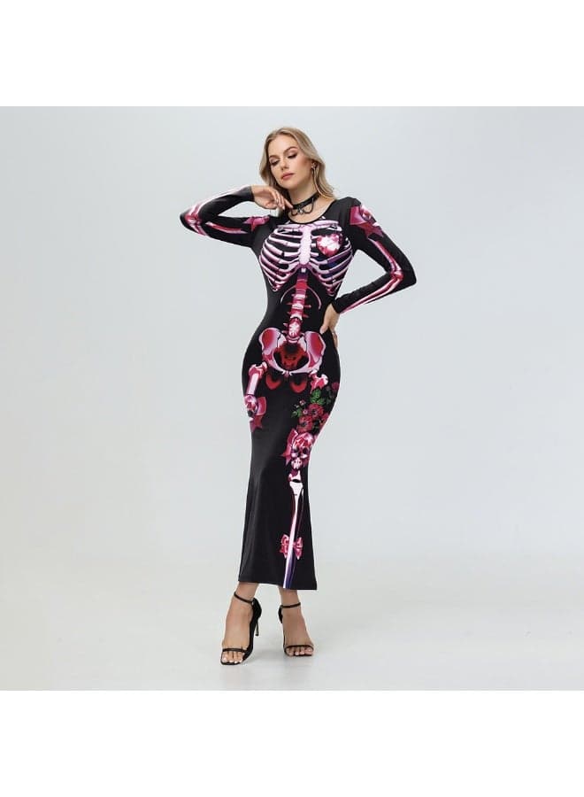 Autumn Halloween Skirt Skeleton Digital Printing Long-sleeved Dress