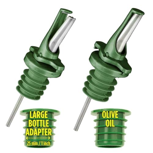 AIRTIGHT Olive Oil Pour Spout for Olive Oil Dispenser - UK Patented Oil Pourer - Hygienic One Handed Open Close Mechanism Keeps Oil Fresh. Dust Caps Cover | Screens Alternative - Green 2 PCs