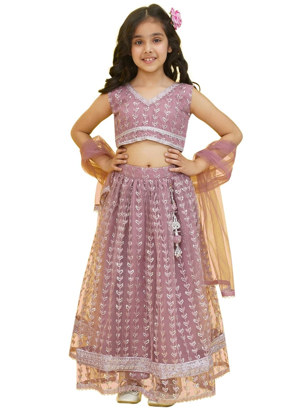 AJ DEZINES Kids Cotton Blend Embroidered Sleeveless Lehenga Choli for Girls | Kids Ethnic Wear | Stylish Lehenga Choli with Dupatta | Party & Festival Wear | Traditional Outfit for Girls | MAUVE-27