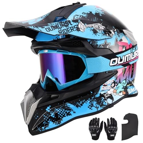 OUMURS DOT Adult Dirt Bike Helmet with Goggles Gloves & Mask Adjustable Sun Visor Motorcycle Adult ATV Helmet Off-Road Motocross Downhill Moped MX BMX for Unisex Adult-188-Blue Cowboy, XL