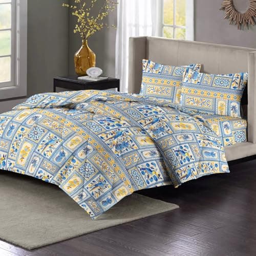 VAS COLLECTIONS Super Soft Glace Cotton King Size AC Comforter Wedding Gift Set (with Bag) for Double Bed with 1 Flat Bedsheet and 2 Pillow Cover (4PC Comforter Set) Tealish Blue and Yellow