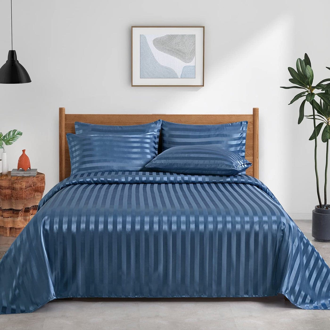 Pothuiny 6Piece Striped Satin Bed Sheet Set Queen Size Flint Blue Luxury Silky 1 Fitted 1 Flat 4 Pillow Cases