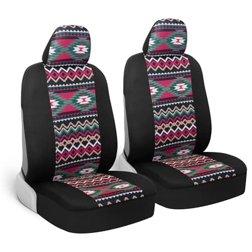 BDK Pink Inca Car Seat Covers for Front Seats 2 Pack Geometric Print Front Seat Cover Set with Matching Headrest Sideless Design for Easy Installation Universal Fit for Car Truck Van and SUV