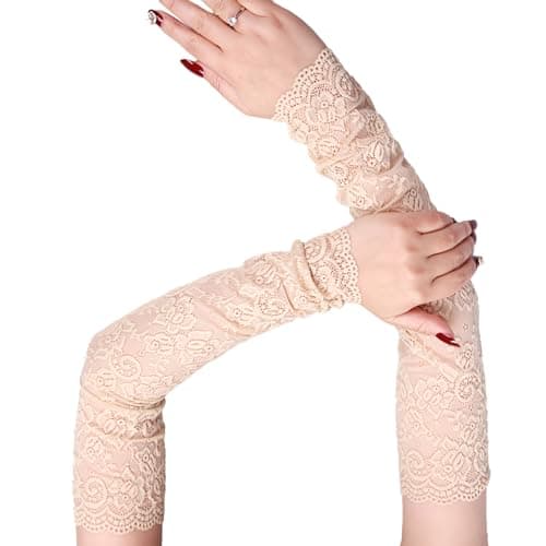 TecoKart® Arm Sleeves for Women, Lace Floral Elastic Hand Cover Long Lace Breathable UV Protection Arm Sleeves for Women Daily Use Driving Bridal Prom Dressy Gloves