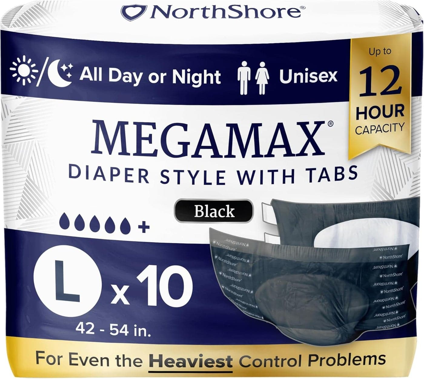 MegaMax Adult Overnight Diapers 12Hour TabStyle Large 10 Count Bag Black 4254 inches Unisex Incontinence Underwear