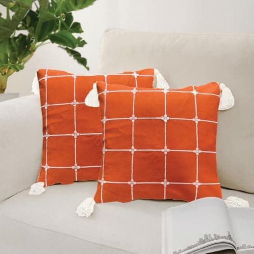 Urban Space Embroidered Cotton Cushion Cover Set of 2, 18 inch x 18 inch Cushion Covers for Sofa, Bedroom, Living Room (Aura Checks Orange, Cushion Cover 46cm x 46cm, Set of 2)