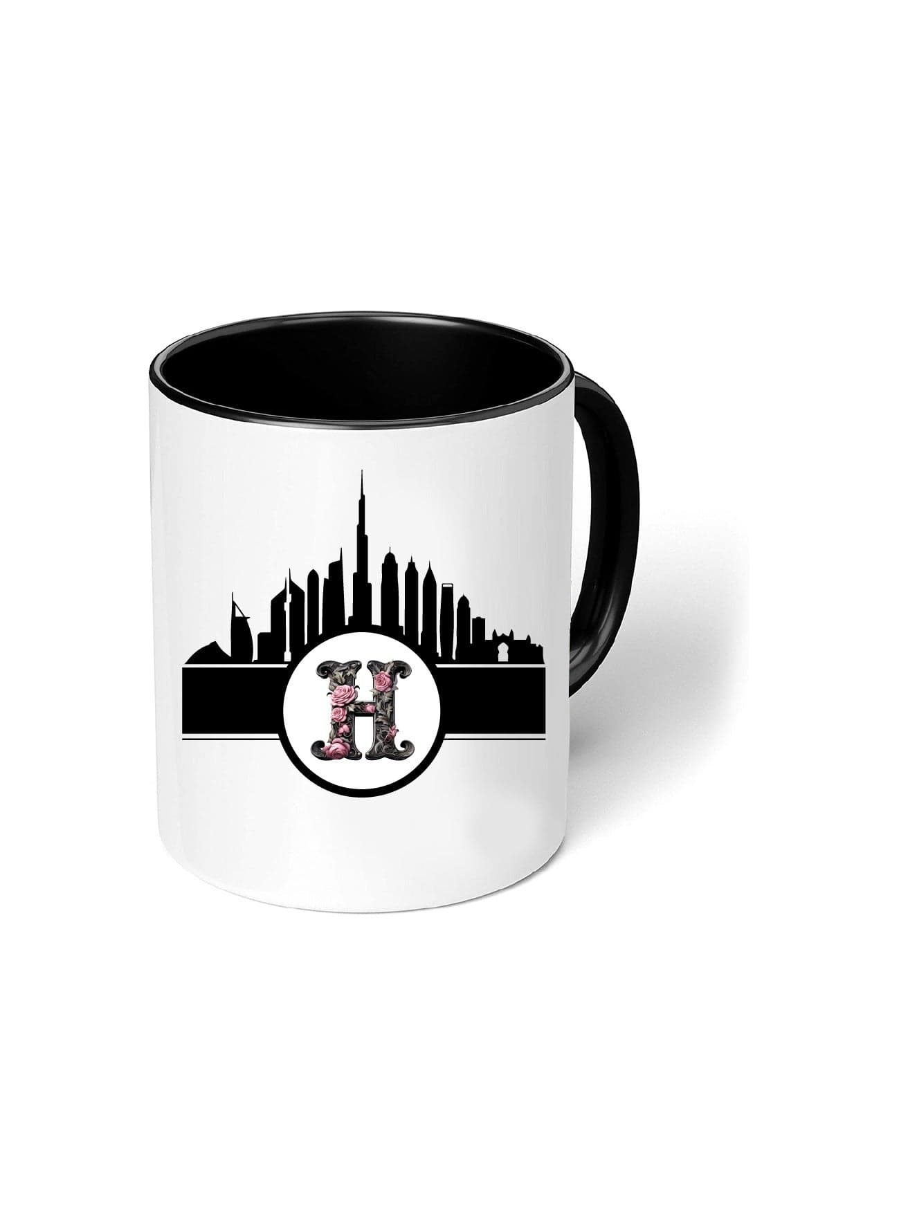 Dubai Skyline with Initial Monogram Black Coffee Mug-Perfect for Tea and Coffee Lovers-Dubai Skyline and Monogram Design-11 Oz