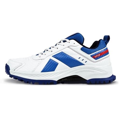 Nivia Hattrick Cricket Shoes for Men, Lightweight PU & Mesh Upper with Rubber Stud Sole, High Grip & Shock Absorption for Professional Cricket Training and Match Play, White/Royal Blue, UK09