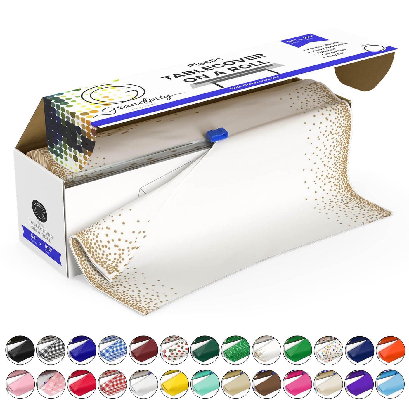 Grandipity Plastic Tablecloth Roll 54 x 100 Gold Dots Plastic Table Cloths for Parties with Cutter Box Cut to Size Disposable Tablecloth for Rectangle Round