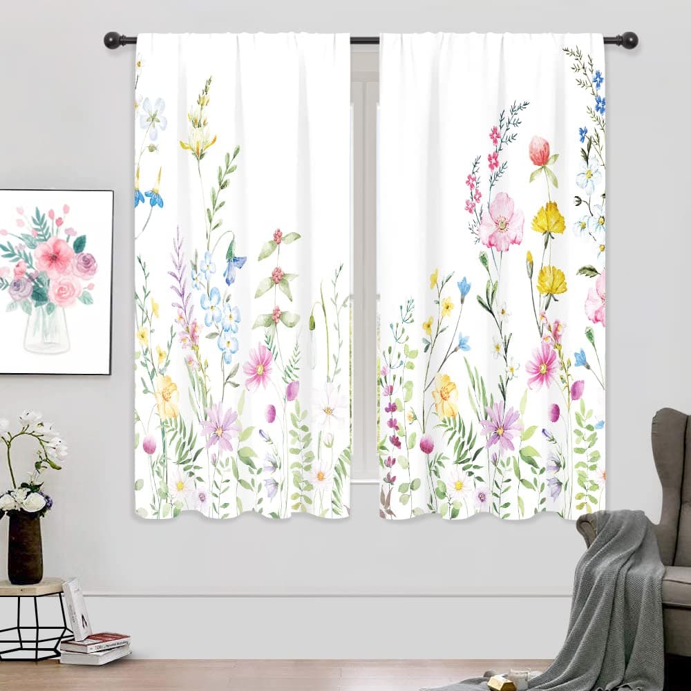 Riyidecor Watercolor Floral Curtains Wildflower Rod Pocket Colorful Flowers Leaves Plants Botanical Women Girls Blossom Spring Nature Rustic Bedroom Living Room Treatment Fabric 2 Panels 42 x 63 Inch