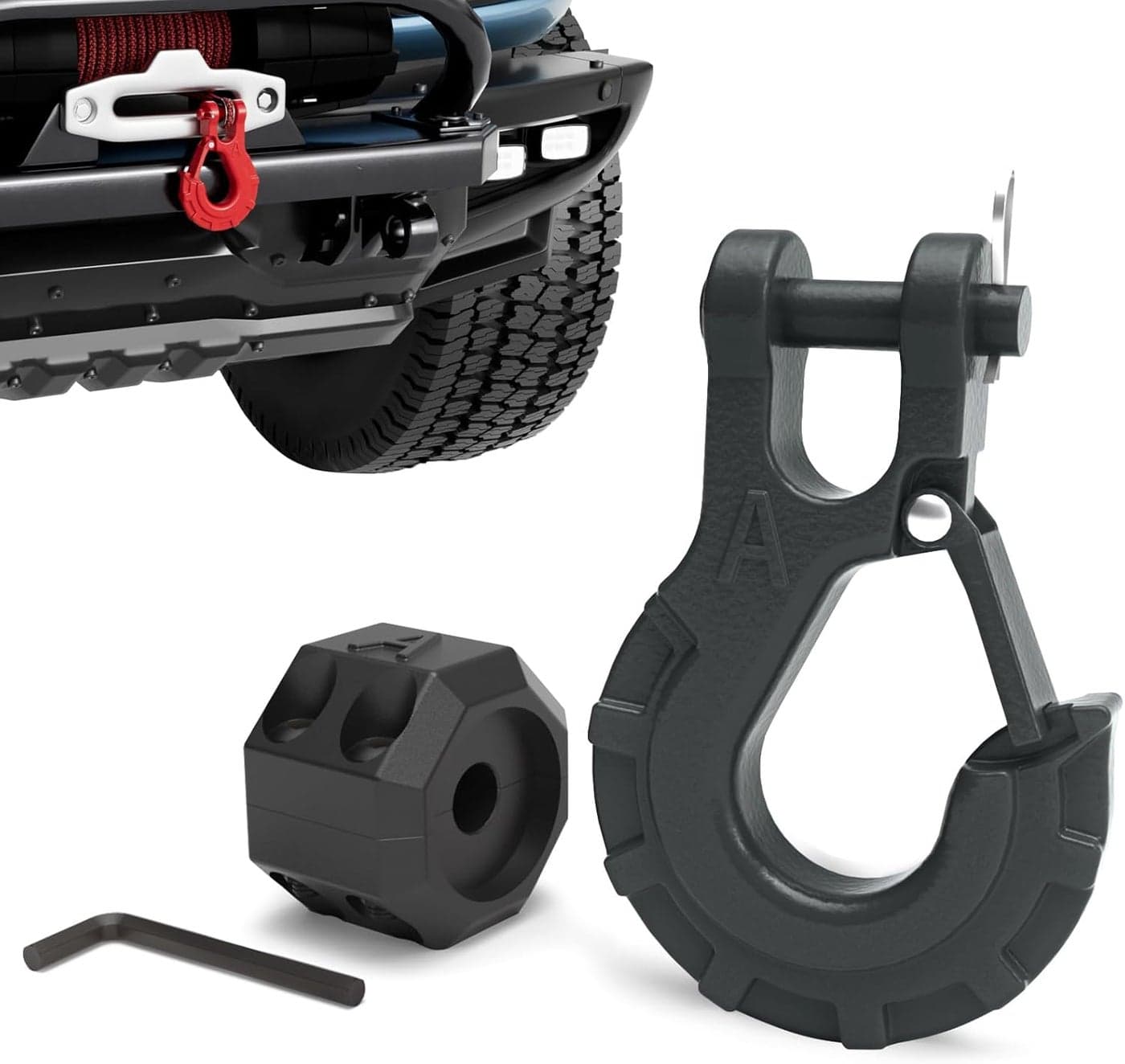 AMBULL 3/8" Winch Hook & Winch Cable Hook Stopper Set - Heavy Duty Forged Steel Recovery Hook with Safety Latch