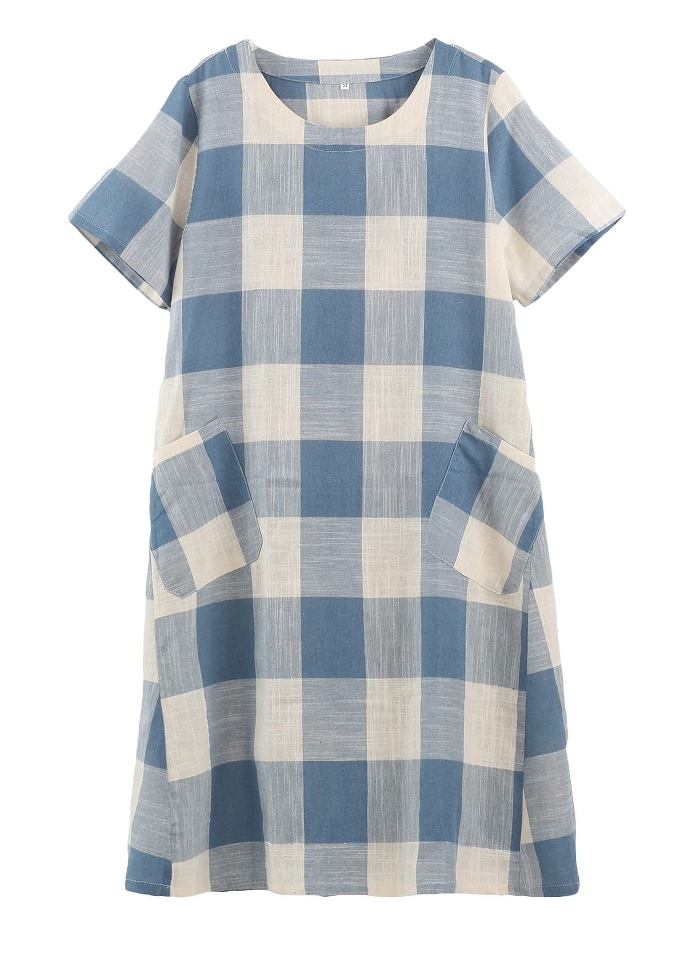 FTCayanz Women's Linen Shirt Dresses Summer Casual Short Sleeve Plaid Tunic Midi Dress Blue Large