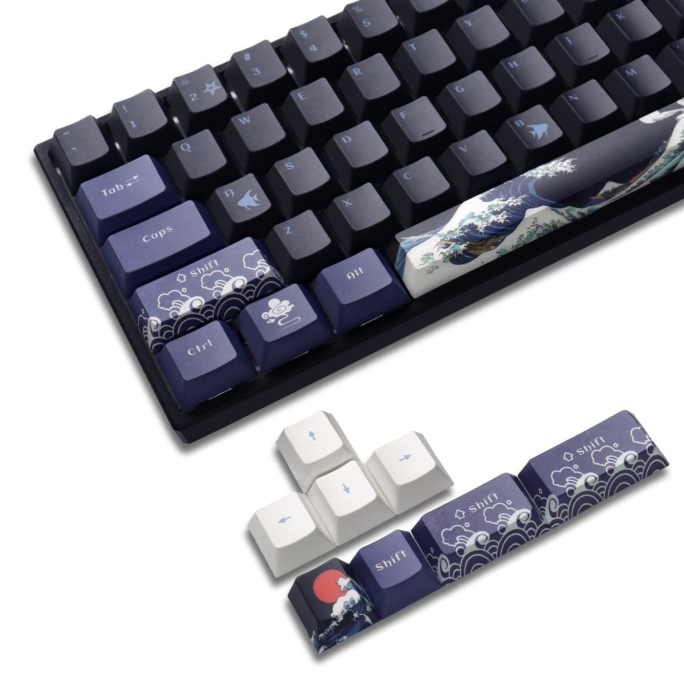 XVX PBT Keycaps 60 Percent, Great Wave of Kanagawa Japanese Keycaps, DYE-Sub Custom Keycaps Set, Cherry Profile Keycaps for 61/64/66/68 Cherry Gateron MX Switches Mechanical Keyboard, 78 Key Set