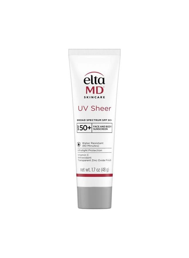 UV Sheer Face and Body Sunscreen SPF 50+, Oil Free, No White Cast Sunscreen for Face and Body, Zinc Oxide Formula, 1.7 oz Tube