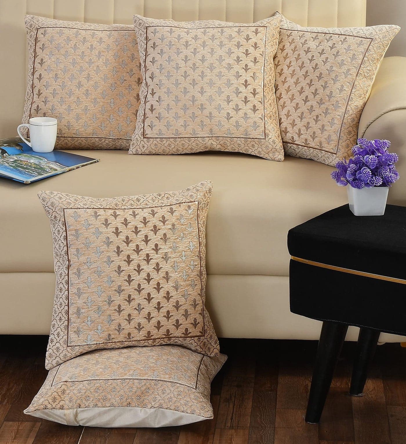 FRESH FROM LOOM 500 Tc Jacquard Soft Velvet Square Cushion Covers|Hypo-Allergenic|Washable|Non-Fade Diwan Sofa Pillow Covers for Home(Size-24 X 24 Inch,Color-Beige)-Set of 5pc,240 Tc