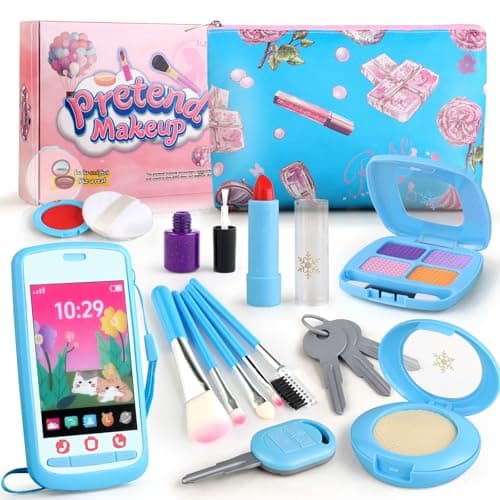 Woumserta Pretend Makeup Kit for Kids 35 Blue Fake Makeup Set for Toddlers Girls Play Makeup Gifts for Little Girls Age 3 4 5 6 7 Year Old Make Up Toys Birthday Blue