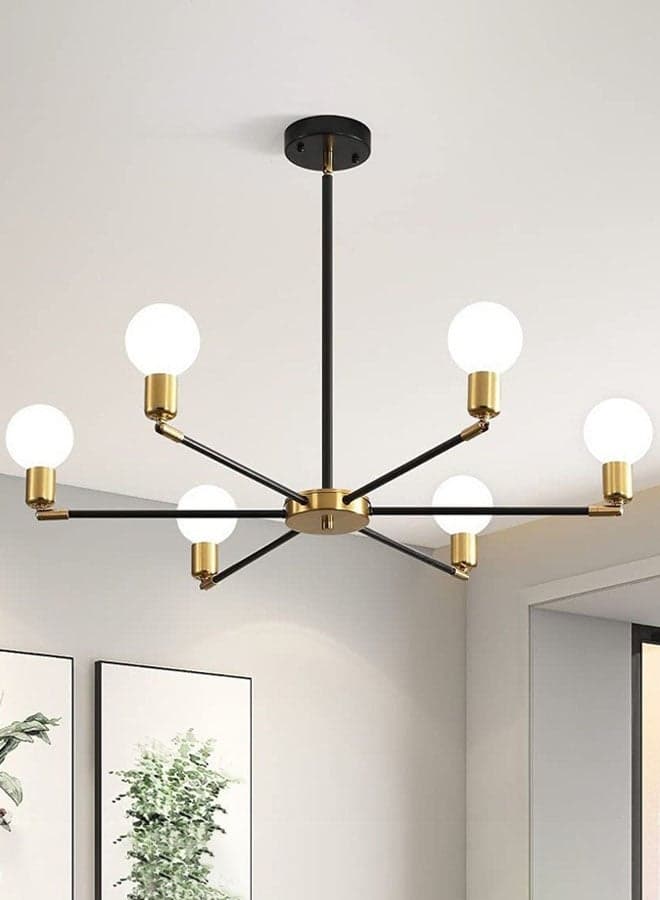 6-Light Modern Chandelier with Adjustable Rotatable Lamp Arms Mid Century Industrial Black & Gold Semi Flush Mount Ceiling Light Fixture E27 Base Hanging Lamp for Dining Room Living Room Bedroom (Bulb Not Included)