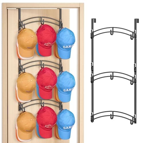 AOODA Space Saving Over the Door Hat Rack for Baseball Caps Holds up to 27 Caps Metal Hat Organizer with 9 Hooks Hanging Hat Holder Hanger for Closet Bedroom Black