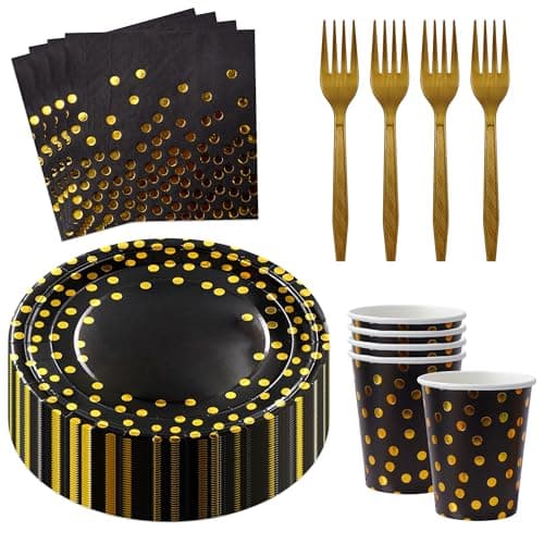 Sveikie 160 Pcs Black and Gold Paper Plates, Forks and Cups Party Supplies, black birthday plates Tableware Supplies for Birthdays, Graduations, Weddings, Holidays Serves 30 (7 inches)