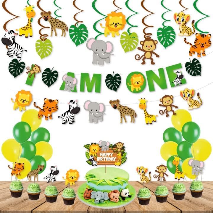 Festiko® 59 Pcs Jungle Theme I Am One Banner, Balloons, Cake & Cupcake Toppers, Swirls with Cutouts, Jungle Theme 1st Birthday Supplies, I Am One Combo Decoration, Jungle Safari Party Supplies