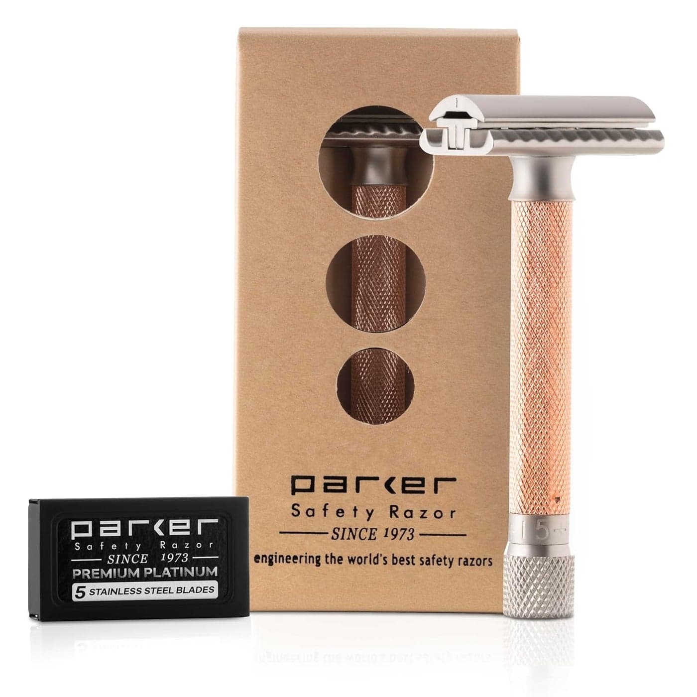 The Parker Variant Adjustable Double Edge Safety Razor Customize Your Shave with a Turn of The Dial from Mild to Aggressive 5 Blades Included Rose Gold