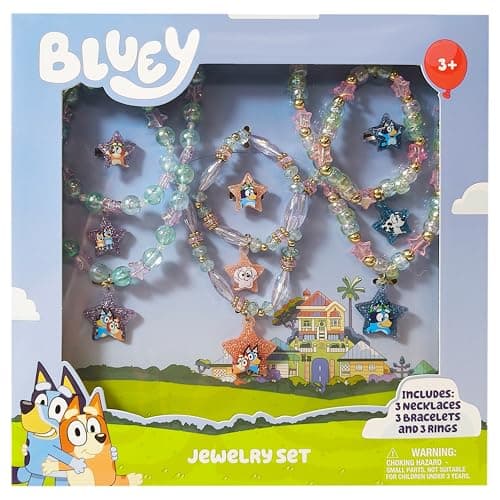 LUV HER Bluey Girls Jewelry Set Dress up 9 Piece Toy Jewelry Box Set with Bead Necklace Bracelet and Ring Play Accessories Ages 3