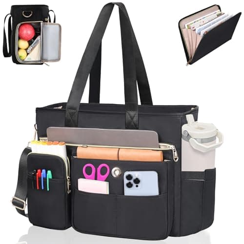 ESTARER Women Teacher Tote Bag 2Pcs 156 Laptop Work Bag Computer bag with Expandable File Folder Large WaterResistant Messenger Shoulder bag wInsulated Pocket for OfficeTravelCollege Black