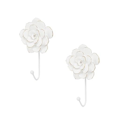 Guichifun Flower Coat Hooks Wall Decor - 2pcs Resin White Decorative Wall Hooks for Hanging Clothes Coats Towels Keys Bags Hats Bathroom Home Decoration Gift 4 x 1.5 x 7 Inch
