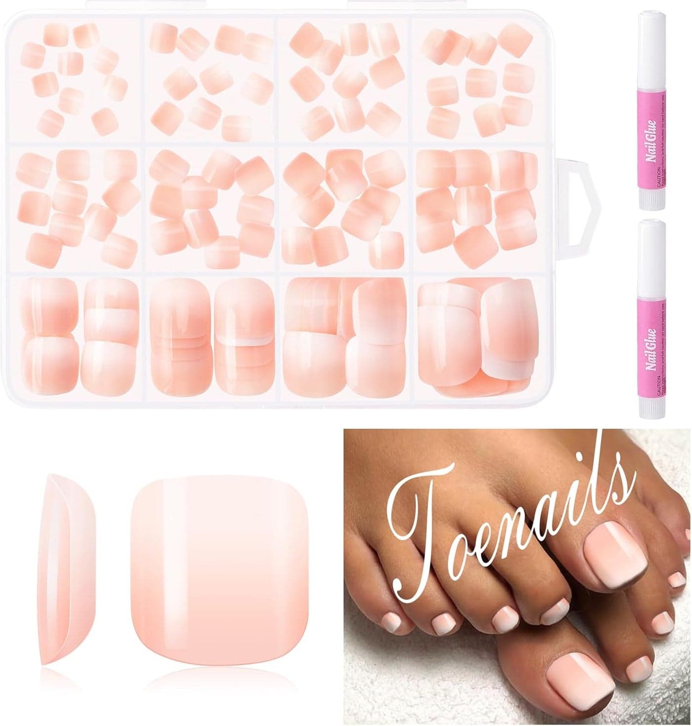 MELLIEX 120pcs False Toenail Set 12 Sizes Full Cover Gradient Fake Toe Nails Acrylic Toenails Tips with Box for Women Girls Nail Salon and Nail Art DIY