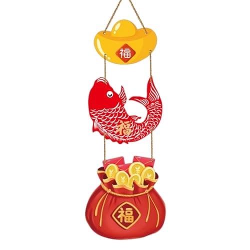 Lunar New Year Decorations 2026 Chinese New Year Door Decorations 2026 Red and Gold Chinese Fu Fish Door Sign Wreath for Porch Wall Indoor Home Decor