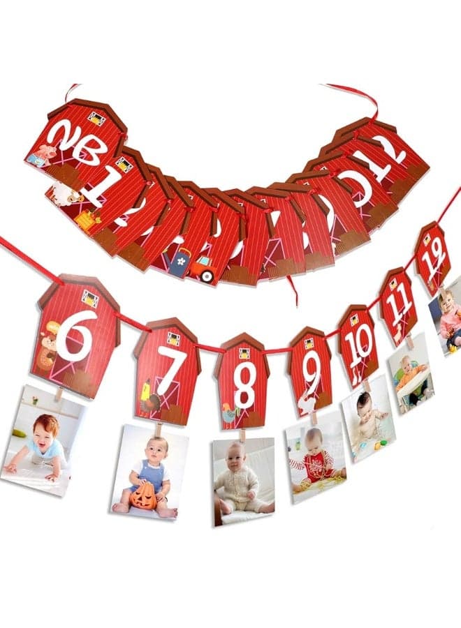 Farm Animal Theme Photo Banner 1st Birthday Monthly Banner Newborn to 12 Month Photo Display Milestone Photograph for Barnyard First Birthday Party Decorations Supplies