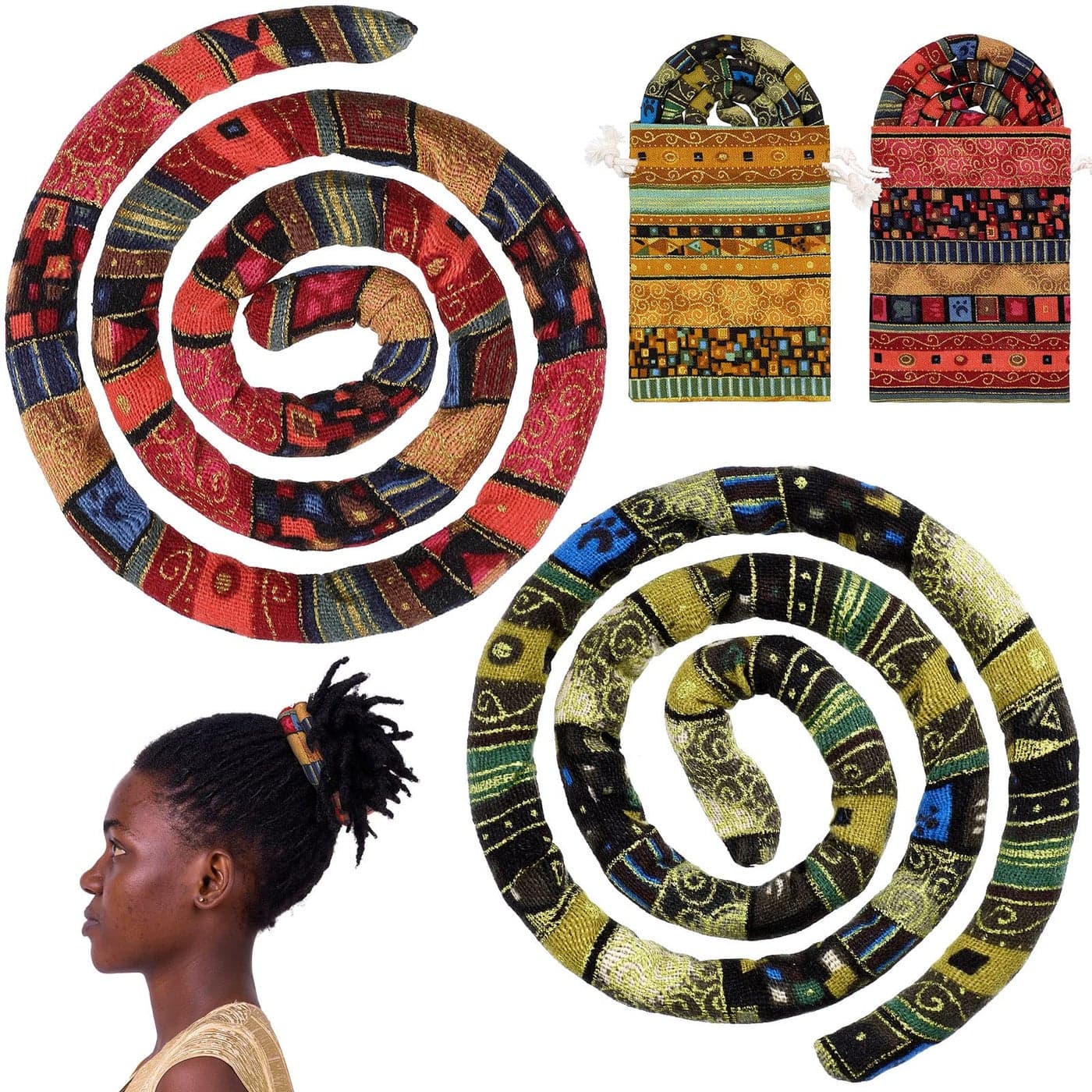 Hanaive 2 Pcs Spiral Lock Hair Tie Dreadlocks Accessories for Men Women Bendable Loc Hair Tie Dreadlocks Ponytail Holder Long Dread Bands for BraidsChic Pattern