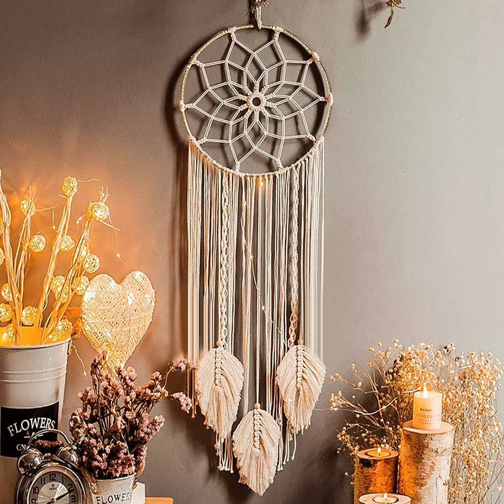 LOMOHOO Boho Dream Catchers for BedroomMacrame Woven Wall Hanging Handmade Dreamcatcher with Tassel Decoration Bedroom Decor Ornament CraftBeige