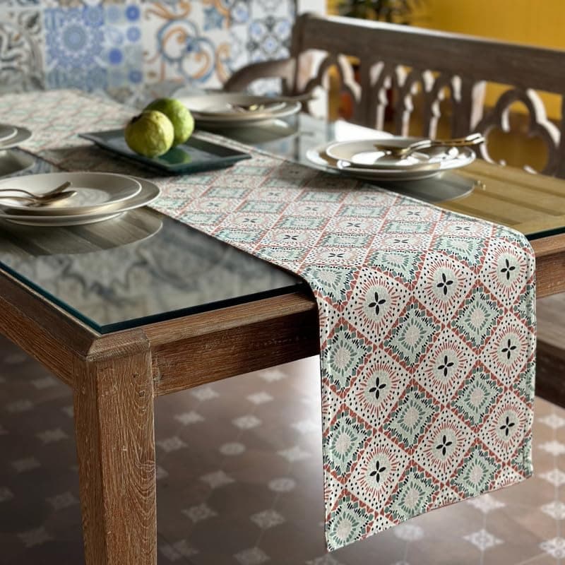 Oak Lily Table Runner in Multicolour Ethnic Print 100 Cotton Washable AntiSkid European Quality 34x180 cm Ideal for 4 Seater 6 Seater Dining and Center Tables