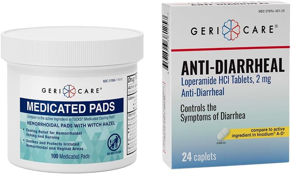 GeriCare AntiDiarrheal Caplets 24 Count Medicated Pads of Witch Hazel 50 100 Count Bundle Fast Relief for Diarrhea Soothing Medicated Pads for Irritation Digestive Support Travel