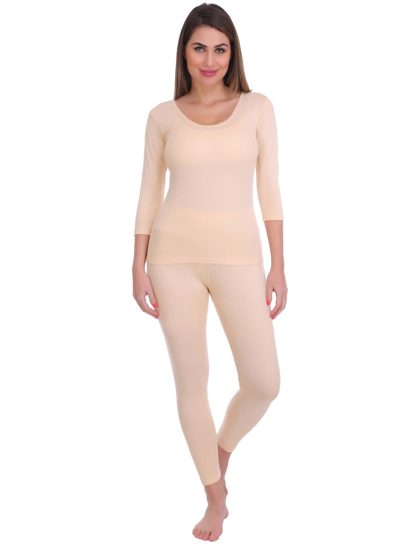 Selfcare Women Solid Cotton Blend Round Neck Beige Thermal Set (SW0557-XL)