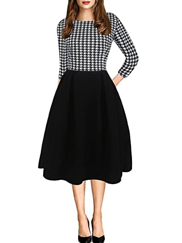 oxiuly Women's Classic Plaid Patchwork Vintage Dresses Elegant Work Casual Party Dress with Pockets OX165 (Gird-bk, M)