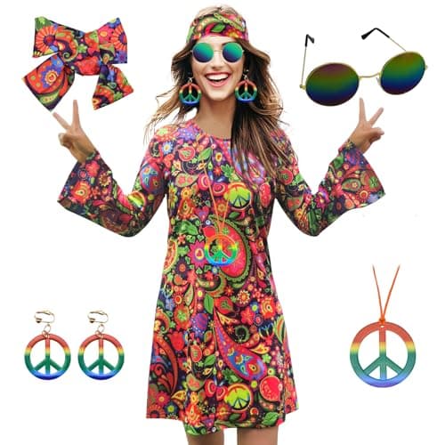 MRYUWB 70s Hippie Dress Costumes Necklace Earrings Sunglass Women Disco Outfit, 60s Party Costume, Halloween Retro Dresses (Retro Flowers, Small)