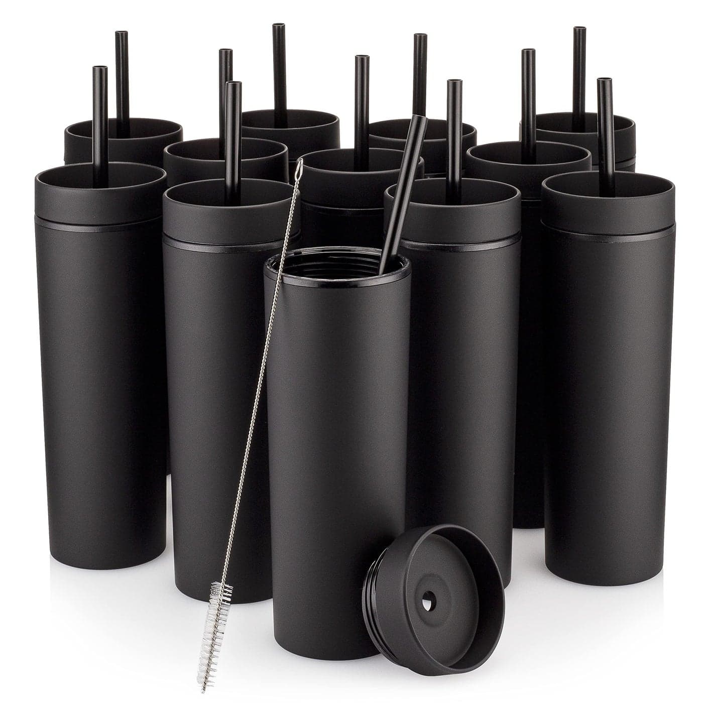 STRATA CUPS Black Skinny Tumblers with Lids and Straws 12 pack 16oz Double Wall Acrylic Tumbler Tall Matte Skinny Tumblers Bulk with Free Straw Cleaner Reusable Cups