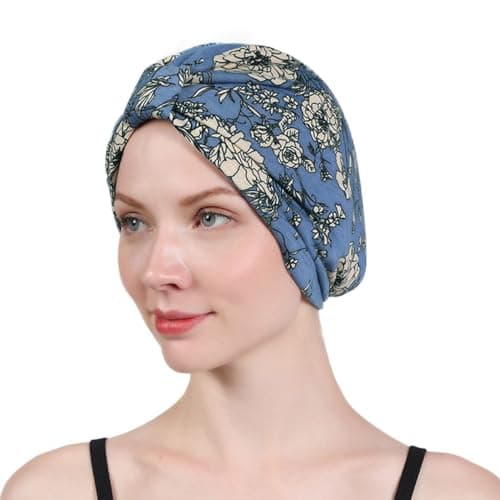 PALAY Chemo Caps for Women Cotton Head Scarf for Women Floral Print Cancer Headwrap Soft Turban Beanie Skull Cover Cap (Satin Liner), For Female, Blue