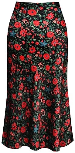 Keasmto Womens Floral Skirts Midi Length High Waist Silk Satin Elasticized A Line Summer Casual Boho Flower Skirt Black Red Floral-03 M
